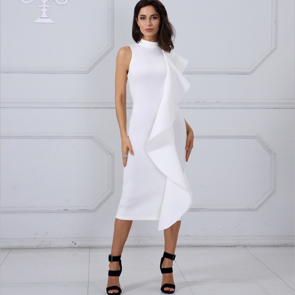 Flounce Detail White Pencil Dress - Picture 4 of 8